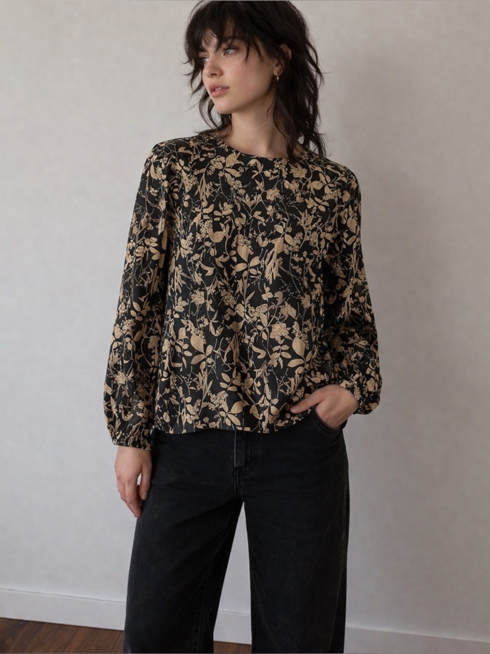 Natalie Busby Black Floral Cotton Poplin Top Blouse XS Boho Prairie Cottagecore